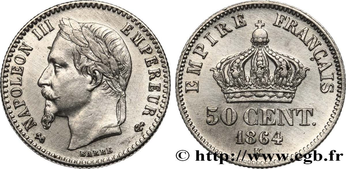 50 centimes Napoléon III, tête laurée 1864 Bordeaux F.188/4 TTB+ 