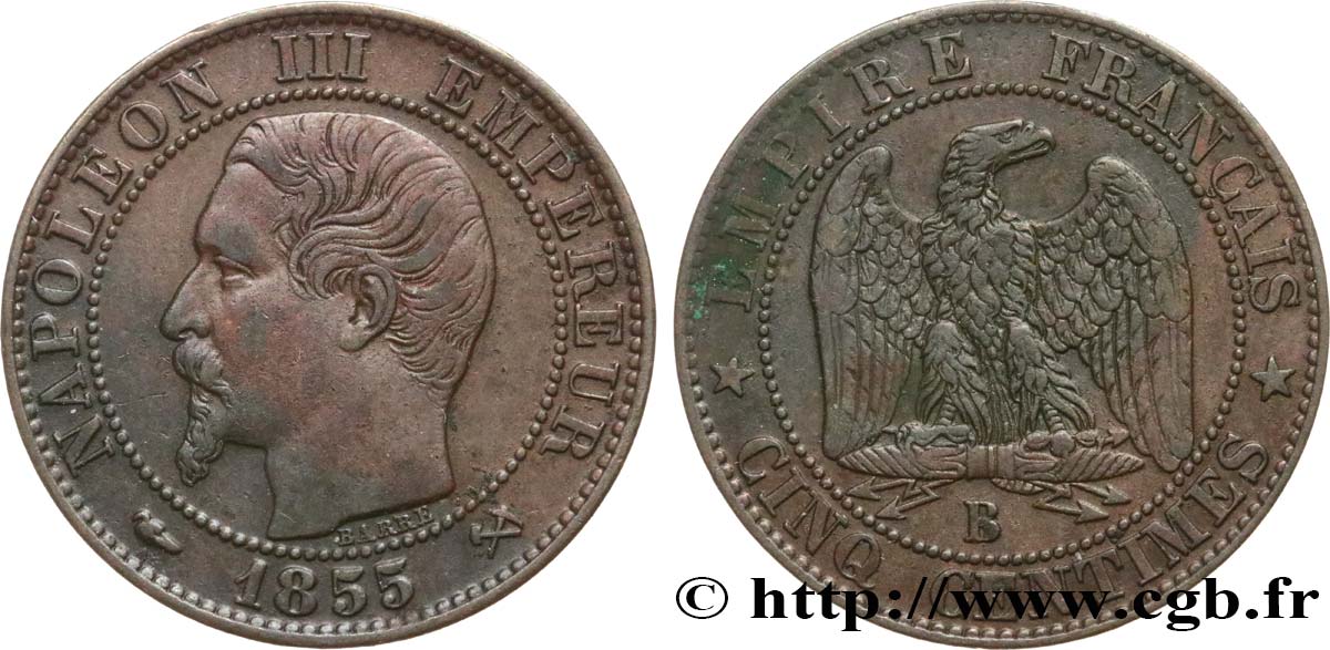 Cinq centimes Napoléon III, tête nue 1855 Rouen F.116/18 TTB45 