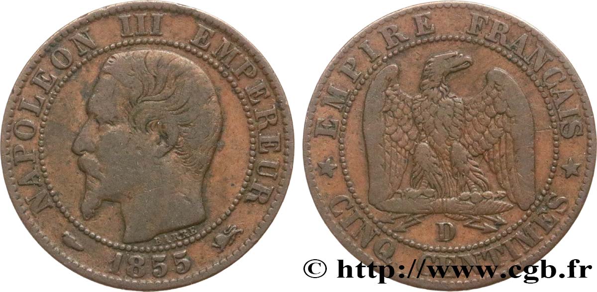Cinq centimes Napoléon III, tête nue 1855 Lyon F.116/22 BC25 
