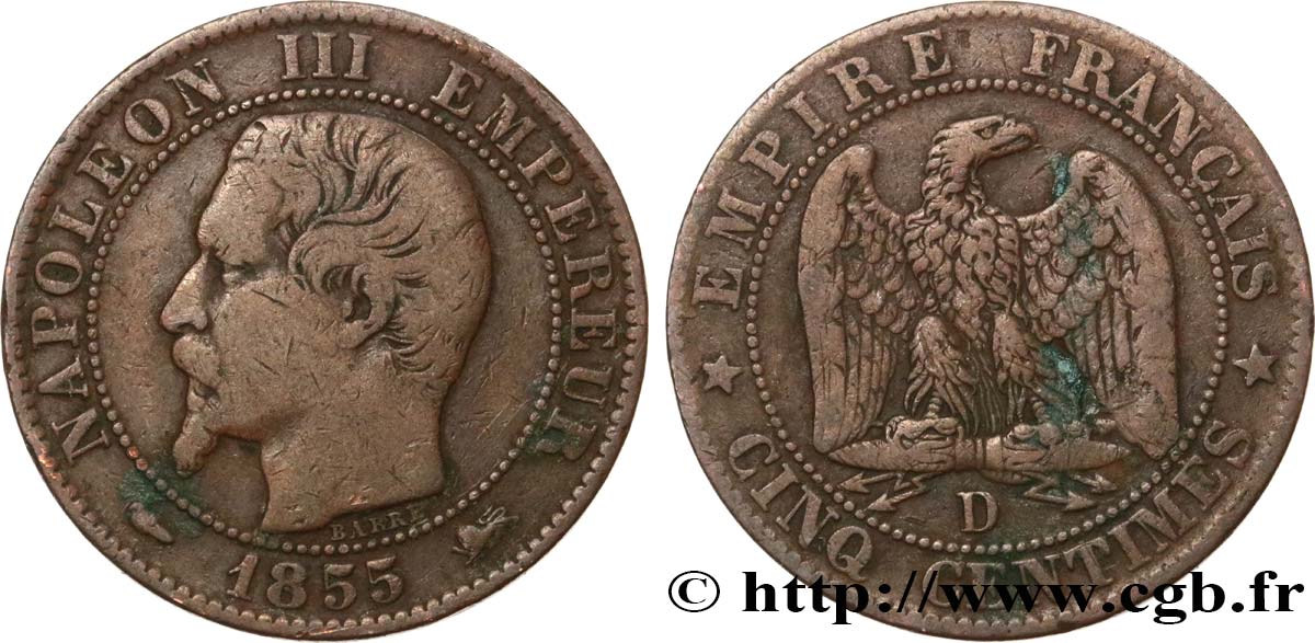 Cinq centimes Napoléon III, tête nue 1855 Lyon F.116/22 VF20 