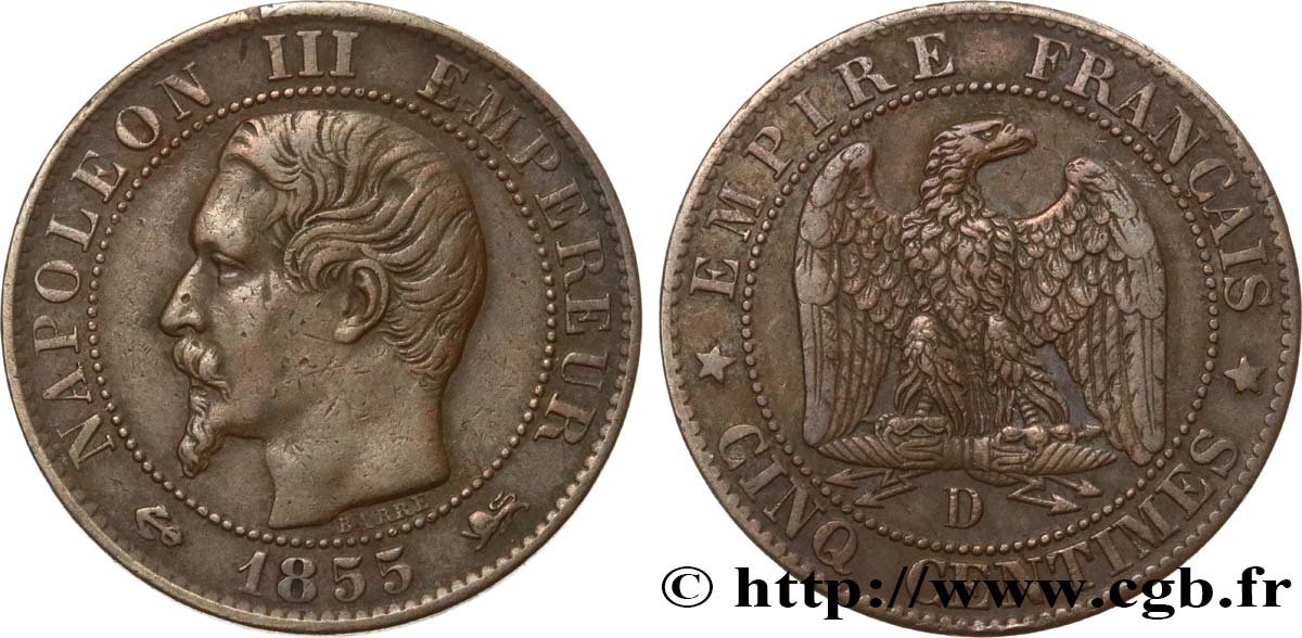Cinq centimes Napoléon III, tête nue 1855 Lyon F.116/23 XF45 