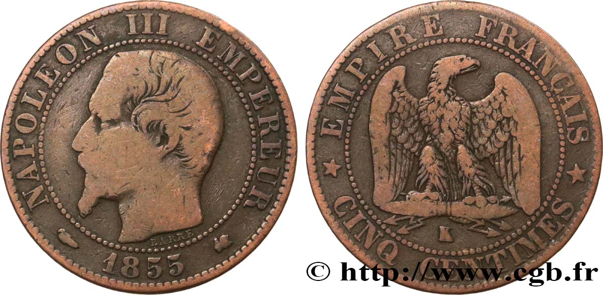 Cinq centimes Napoléon III, tête nue 1855 Bordeaux F.116/24 B12 