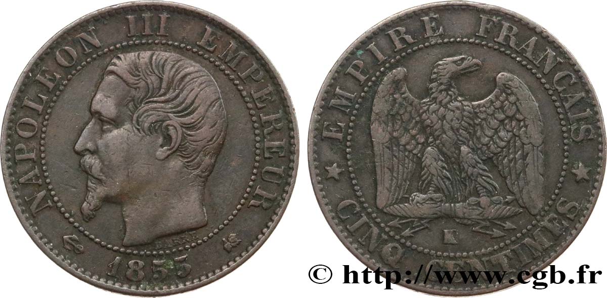 Cinq centimes Napoléon III, tête nue 1855 Bordeaux F.116/25 SS40 