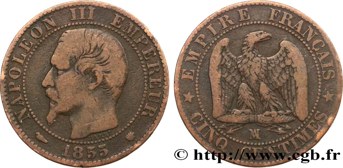 Cinq centimes Napoléon III, tête nue 1855 Marseille F.116/26 BC15 