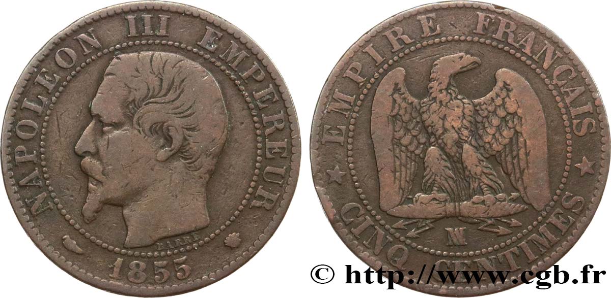 Cinq centimes Napoléon III, tête nue 1855 Marseille F.116/26 BC15 