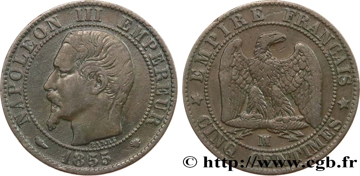 Cinq centimes Napoléon III, tête nue 1855 Marseille F.116/26 S25 