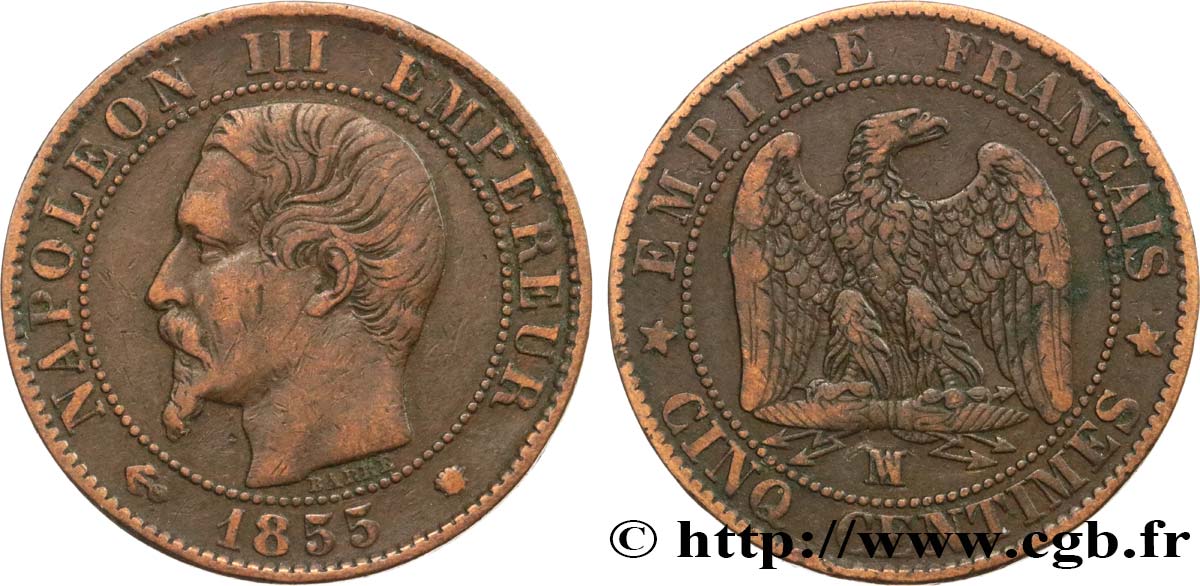 Cinq centimes Napoléon III, tête nue 1855 Marseille F.116/27 TB35 