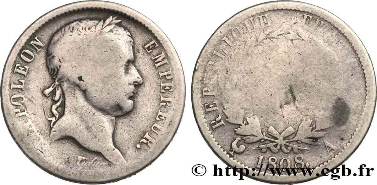 2 francs Napoléon Ier tête laurée, République française 1808 Paris F.254/4 VG8 