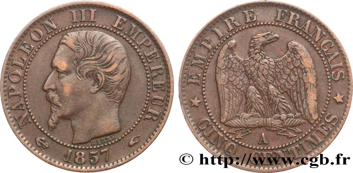 Cinq centimes Napoléon III, tête nue 1857 Paris F.116/37 XF40 