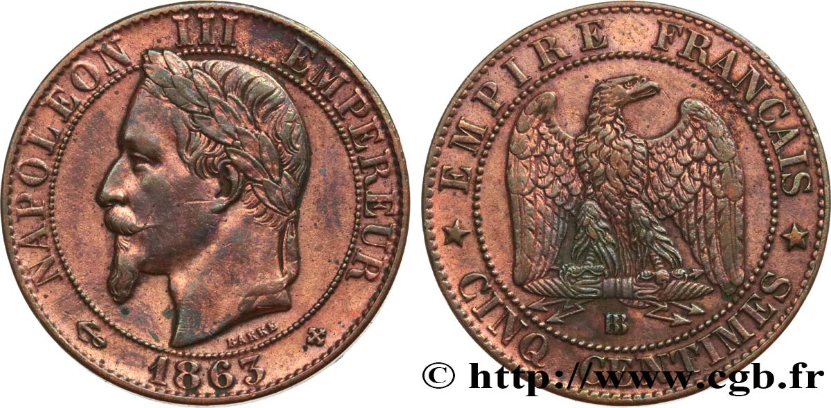 Cinq centimes Napoléon III, tête laurée 1863 Strasbourg F.117/11 SS 
