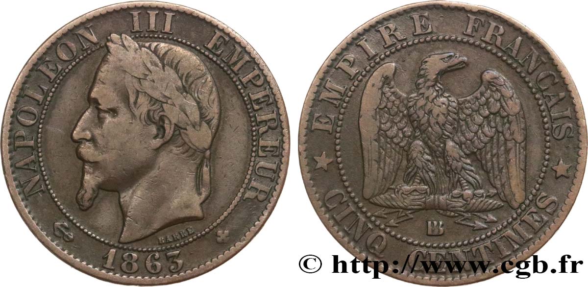 Cinq centimes Napoléon III, tête laurée 1863 Strasbourg F.117/11 BC25 