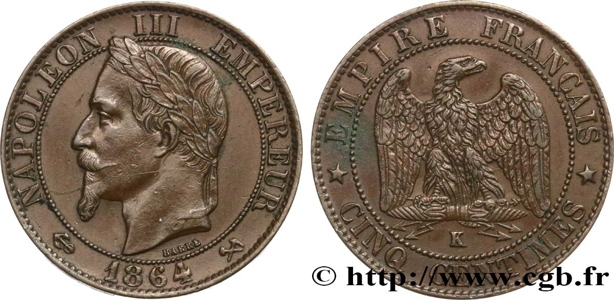 Cinq centimes Napoléon III, tête laurée 1864 Bordeaux F.117/15 TTB 