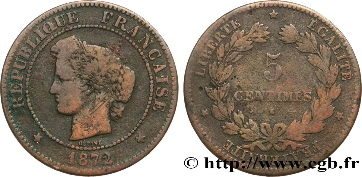 5 centimes Cérès 1872 Bordeaux F.118/6 VG10 