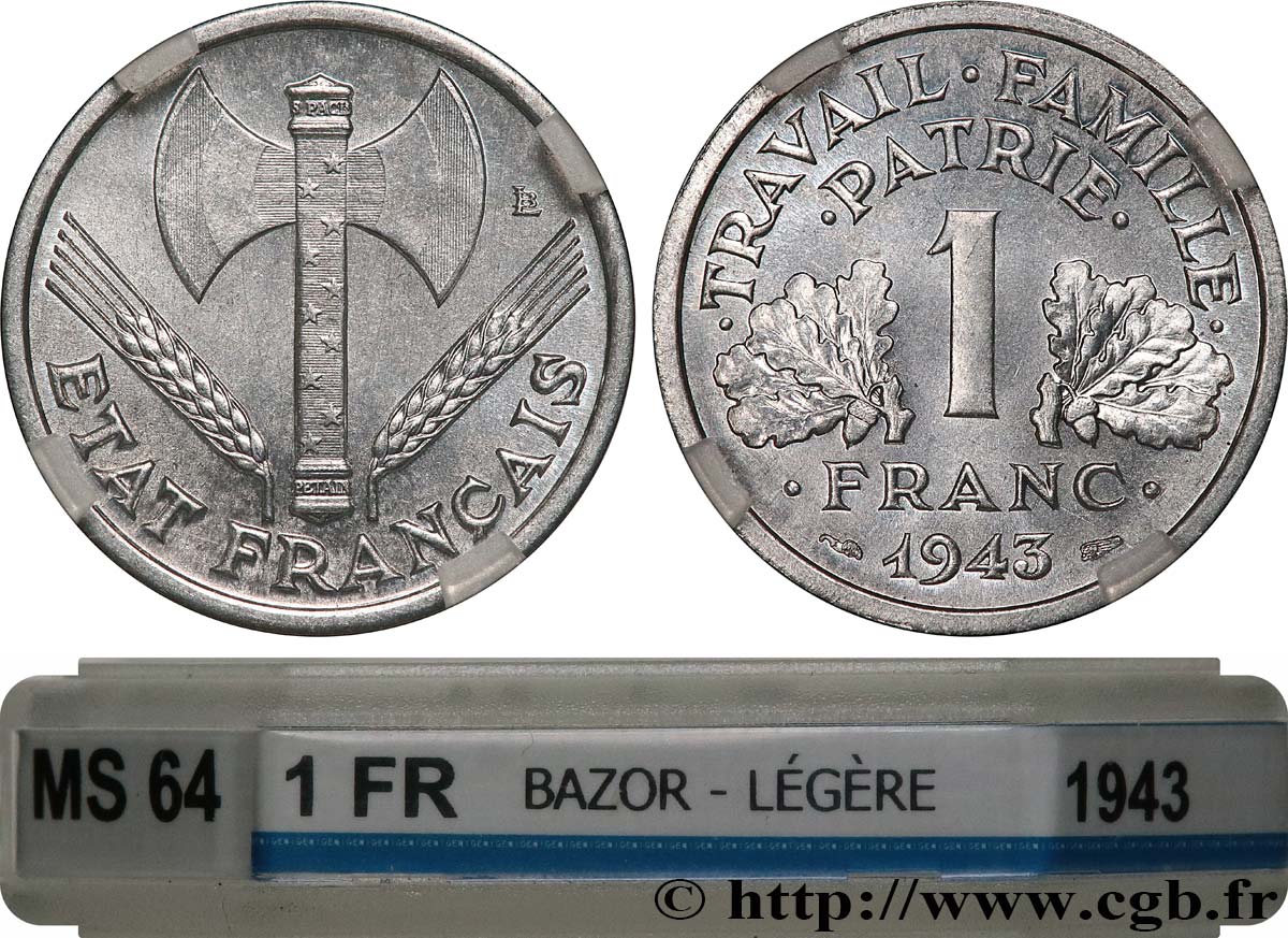 1 franc Francisque, légère 1943  F.223/3 SPL64 GENI