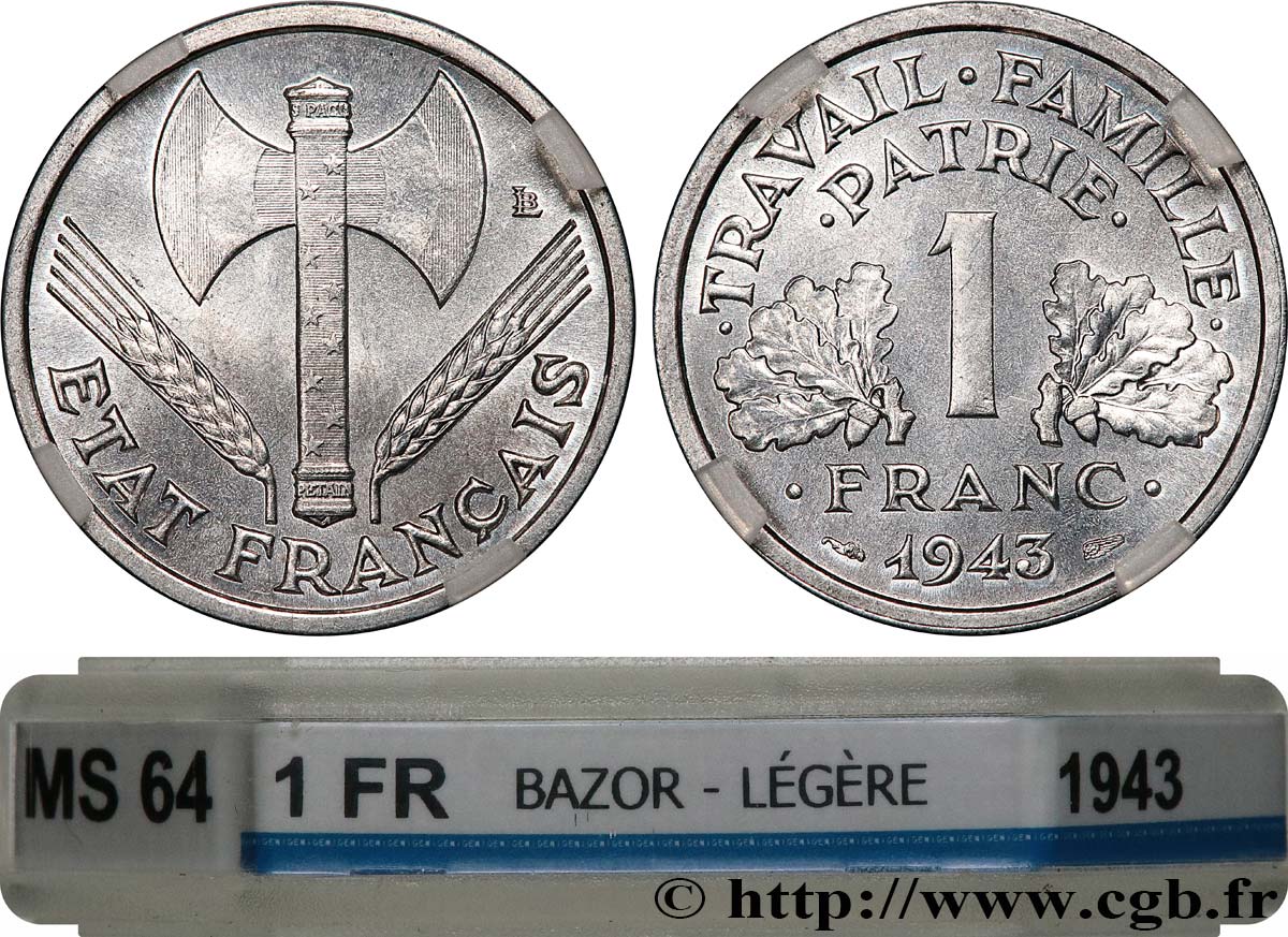 1 franc Francisque, légère 1943  F.223/3 fST64 GENI
