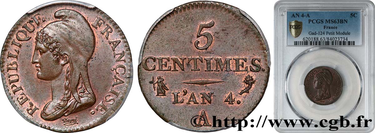 5 centimes Dupré, petit module 1796 Paris F.113/1 SPL63 PCGS