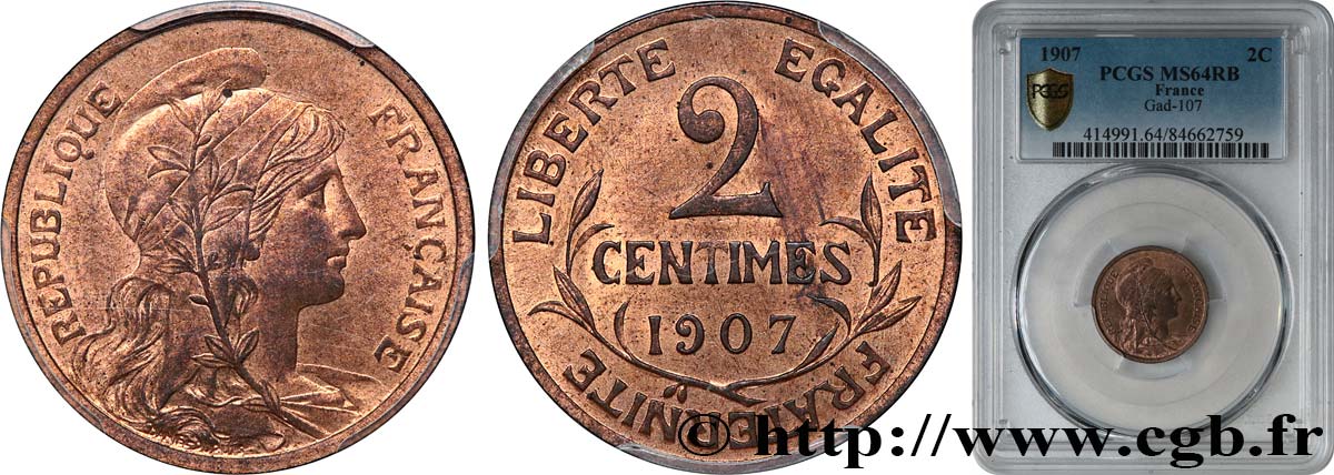 2 centimes Daniel-Dupuis 1907 Paris F.110/10 fST64 PCGS