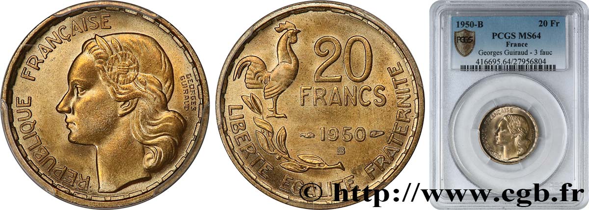 20 francs Georges Guiraud, 3 faucilles 1950 Beaumont-Le-Roger F.401/2 MS64 PCGS