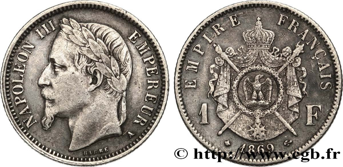 1 franc Napoléon III, tête laurée 1869 Paris F.215/14 BC35 
