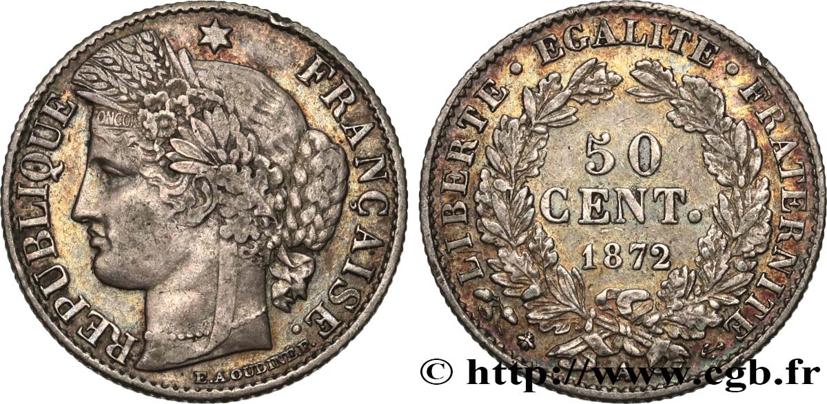 50 centimes Cérès, IIIe République 1872 Paris F.189/3 XF40 