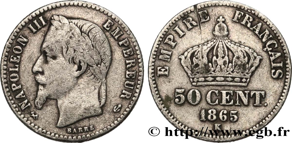 50 centimes Napoléon III, tête laurée 1865 Bordeaux F.188/8 fS 