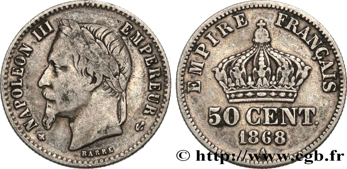50 centimes Napoléon III, tête laurée 1868 Paris F.188/20 S25 