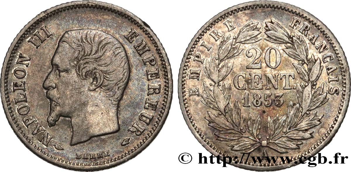 20 centimes Napoléon III, tête nue 1853 Paris F.148/1 VF35 