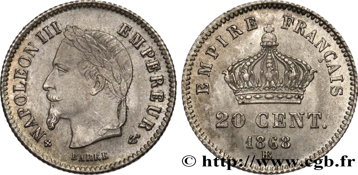 20 centimes Napoléon III, tête laurée, grand module 1868 Strasbourg F.150/5 AU58 