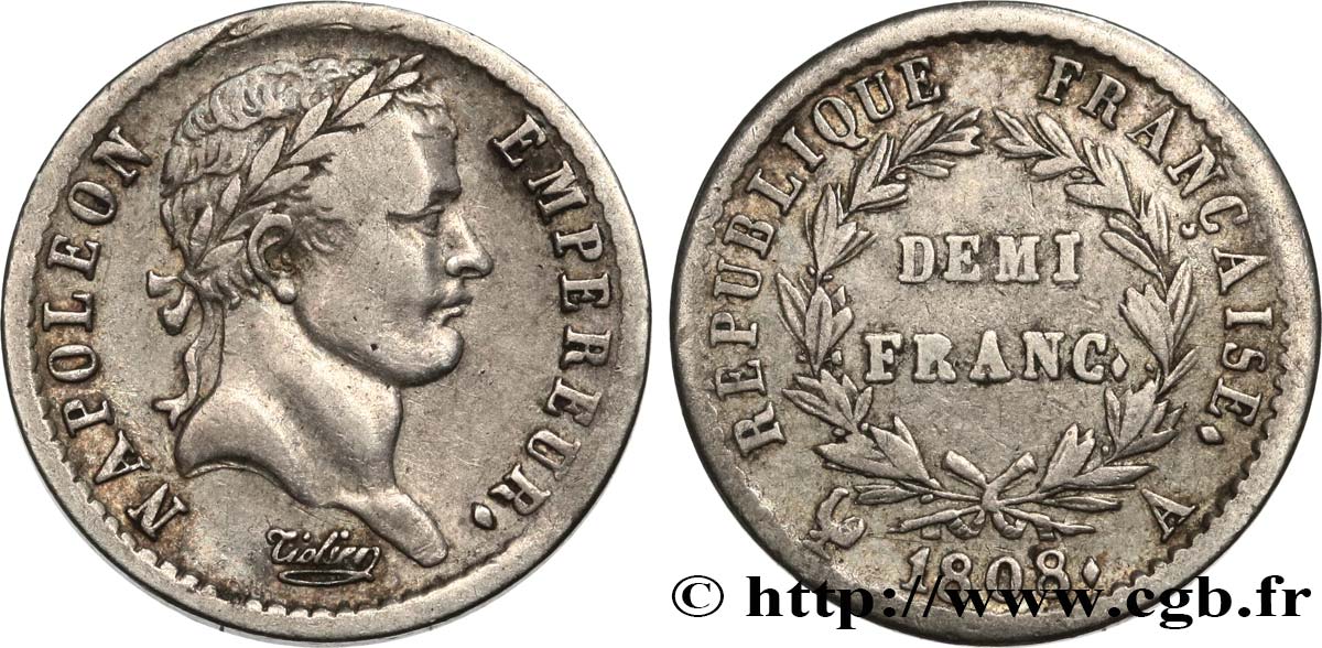 Demi-franc Napoléon Ier tête laurée, République française 1808 Paris F.177/2 TTB45 