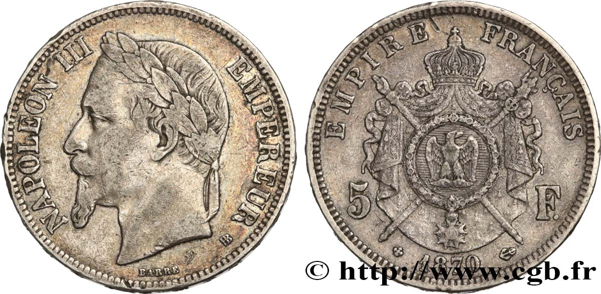 5 francs Napoléon III, tête laurée 1870 Strasbourg F.331/17 VF25 