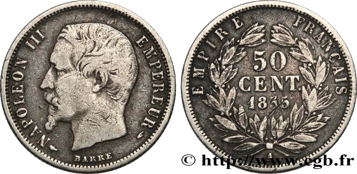 50 centimes Napoléon III, tête nue 1855 Paris F.187/3 TB 