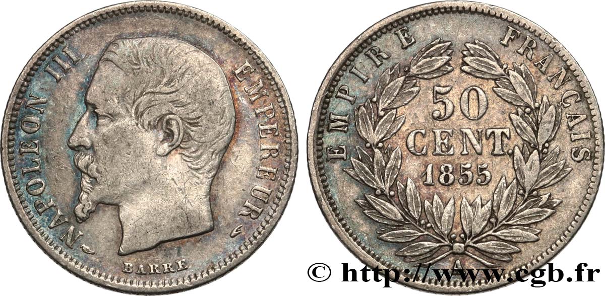 50 centimes Napoléon III, tête nue 1855 Paris F.187/3 VF35 