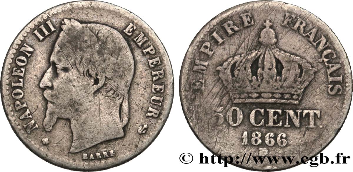 50 centimes Napoléon III, tête laurée 1866 Strasbourg F.188/10 B 