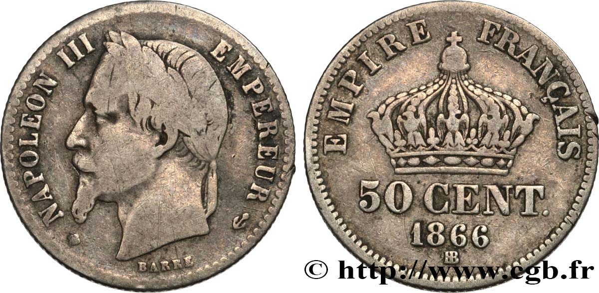 50 centimes Napoléon III, tête laurée 1866 Strasbourg F.188/10 BC 