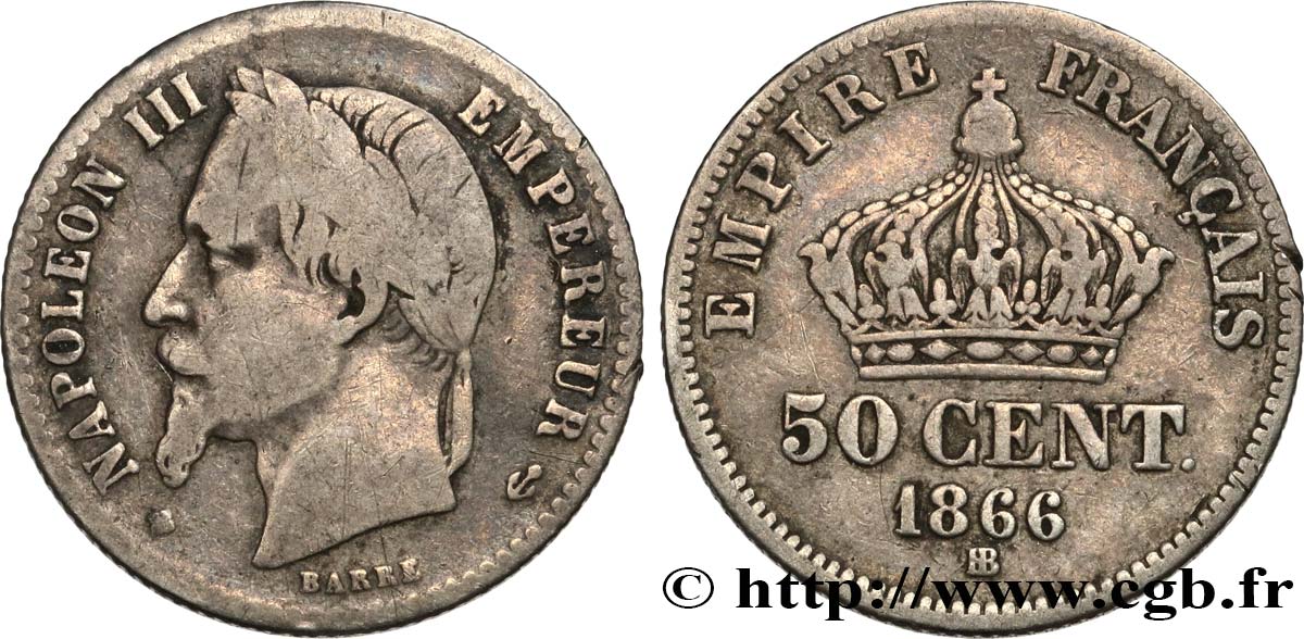 50 centimes Napoléon III, tête laurée 1866 Strasbourg F.188/10 TB 