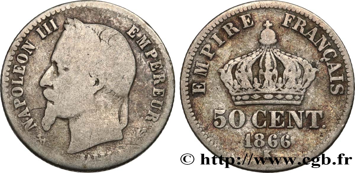 50 centimes Napoléon III, tête laurée 1866 Bordeaux F.188/11 F 