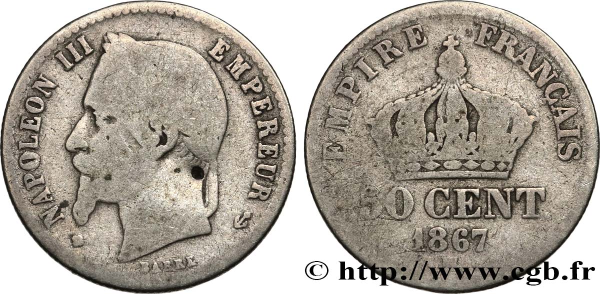 50 centimes Napoléon III, tête laurée 1867 Strasbourg F.188/15 VG 