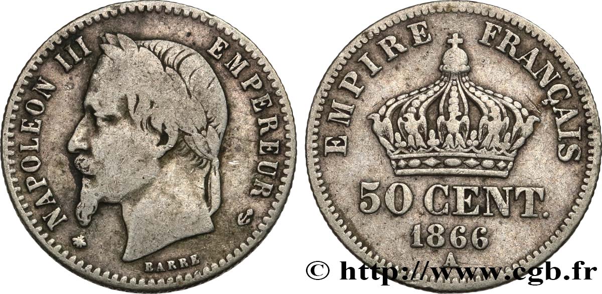 50 centimes Napoléon III, tête laurée 1866 Paris F.188/9 BC15 