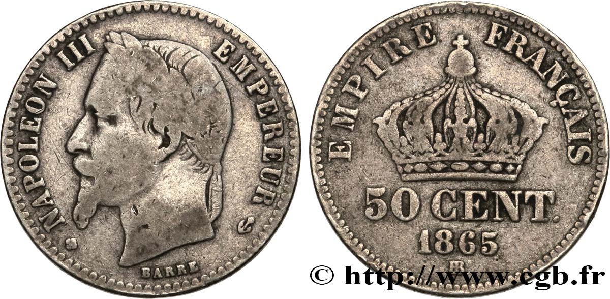 50 centimes Napoléon III, tête laurée 1865 Strasbourg F.188/7 B12 