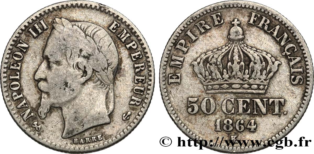 50 centimes Napoléon III, tête laurée 1864 Bordeaux F.188/4 F15 