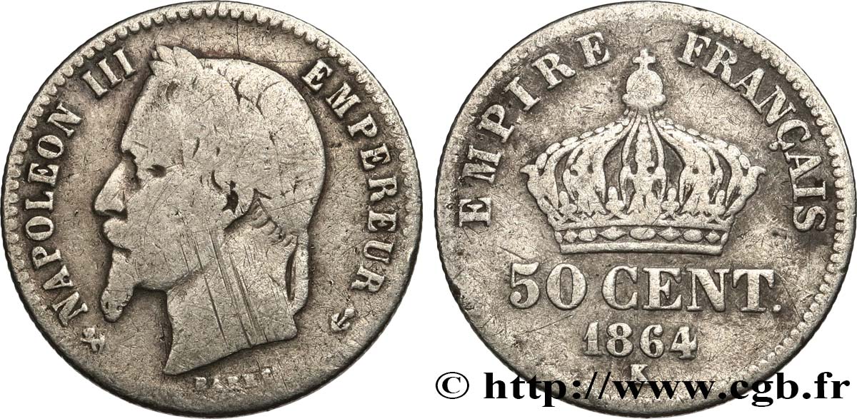 50 centimes Napoléon III, tête laurée 1864 Bordeaux F.188/4 VG 