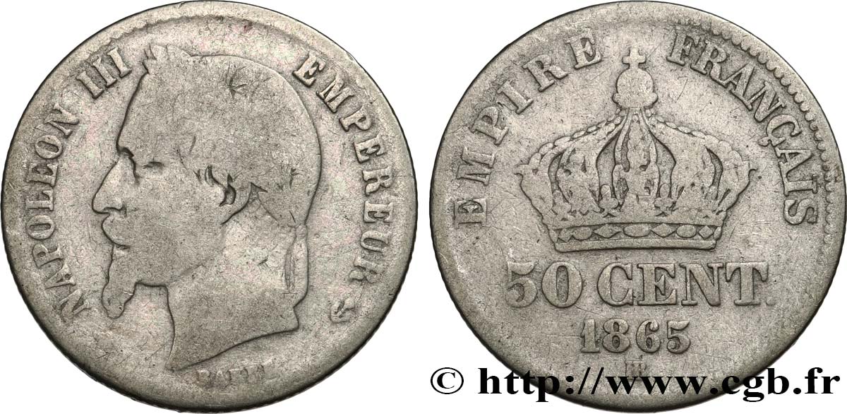 50 centimes Napoléon III, tête laurée 1865 Strasbourg F.188/7 B6 