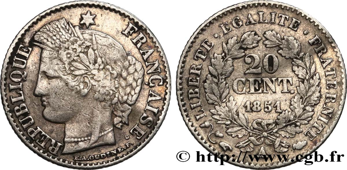20 centimes Cérès, IIe République 1851 Paris F.146/7 VF 