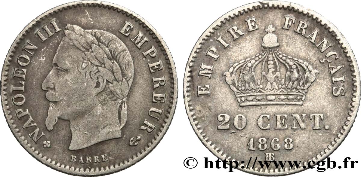 20 centimes Napoléon III, tête laurée, grand module 1868 Strasbourg F.150/5 VF 