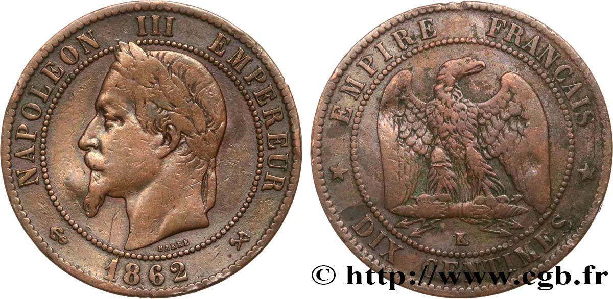 Dix centimes Napoléon III, tête laurée 1862 Bordeaux F.134/9 TB 