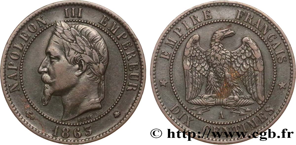 Dix centimes Napoléon III, tête laurée 1863 Paris F.134/10 TTB40 