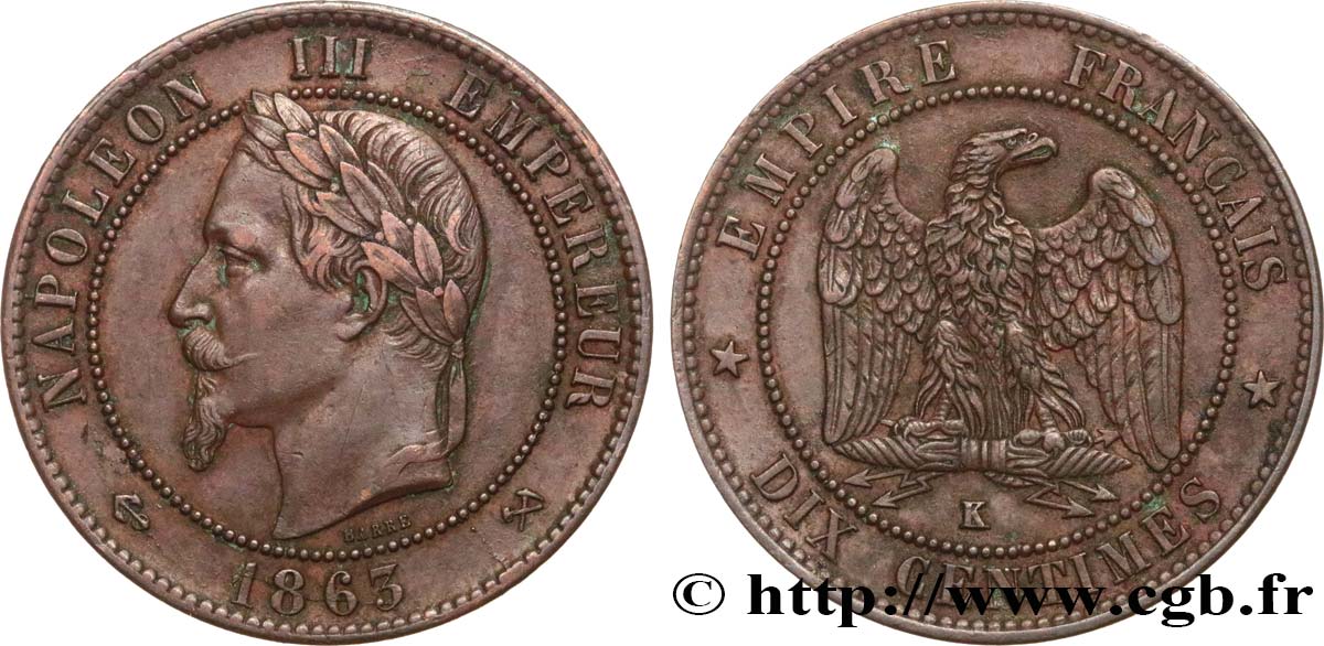 Dix centimes Napoléon III, tête laurée 1863 Bordeaux F.134/12 BB50 