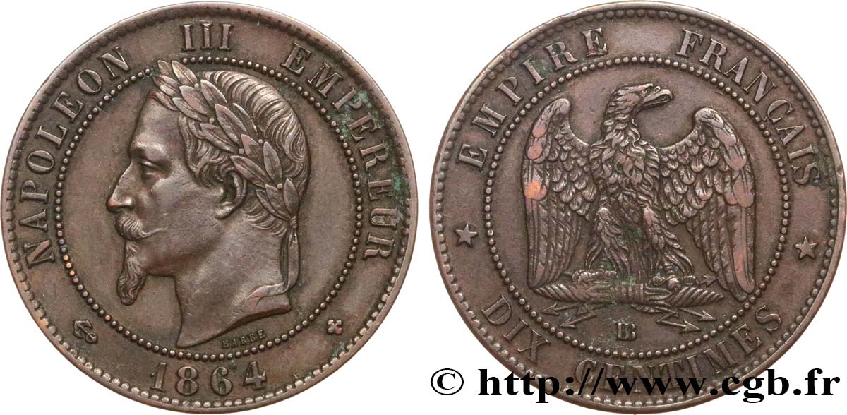 Dix centimes Napoléon III, tête laurée 1864 Strasbourg F.134/14 SS50 