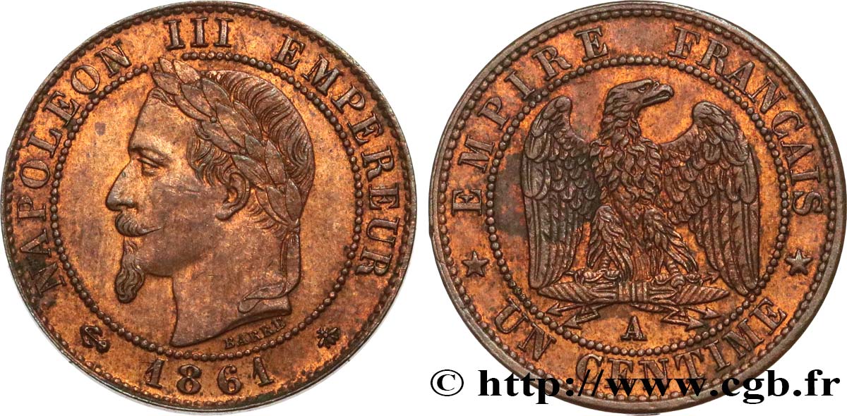 Un centime Napoléon III, tête laurée 1861 Paris F.103/1 SUP 