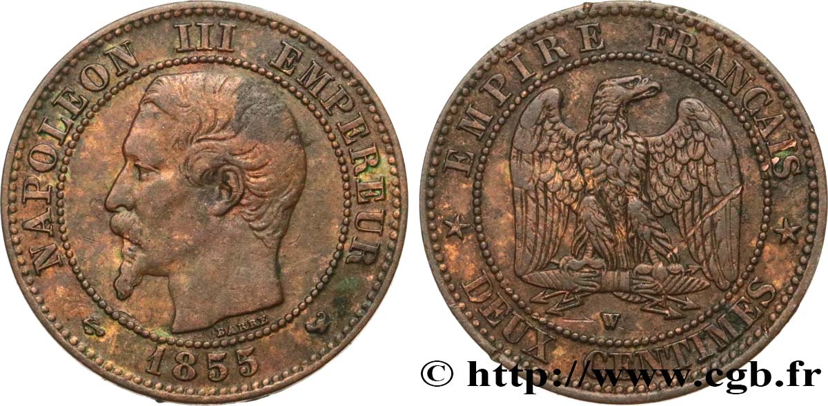 Deux centimes Napoléon III, tête nue 1855 Lille F.107/37 MB25 